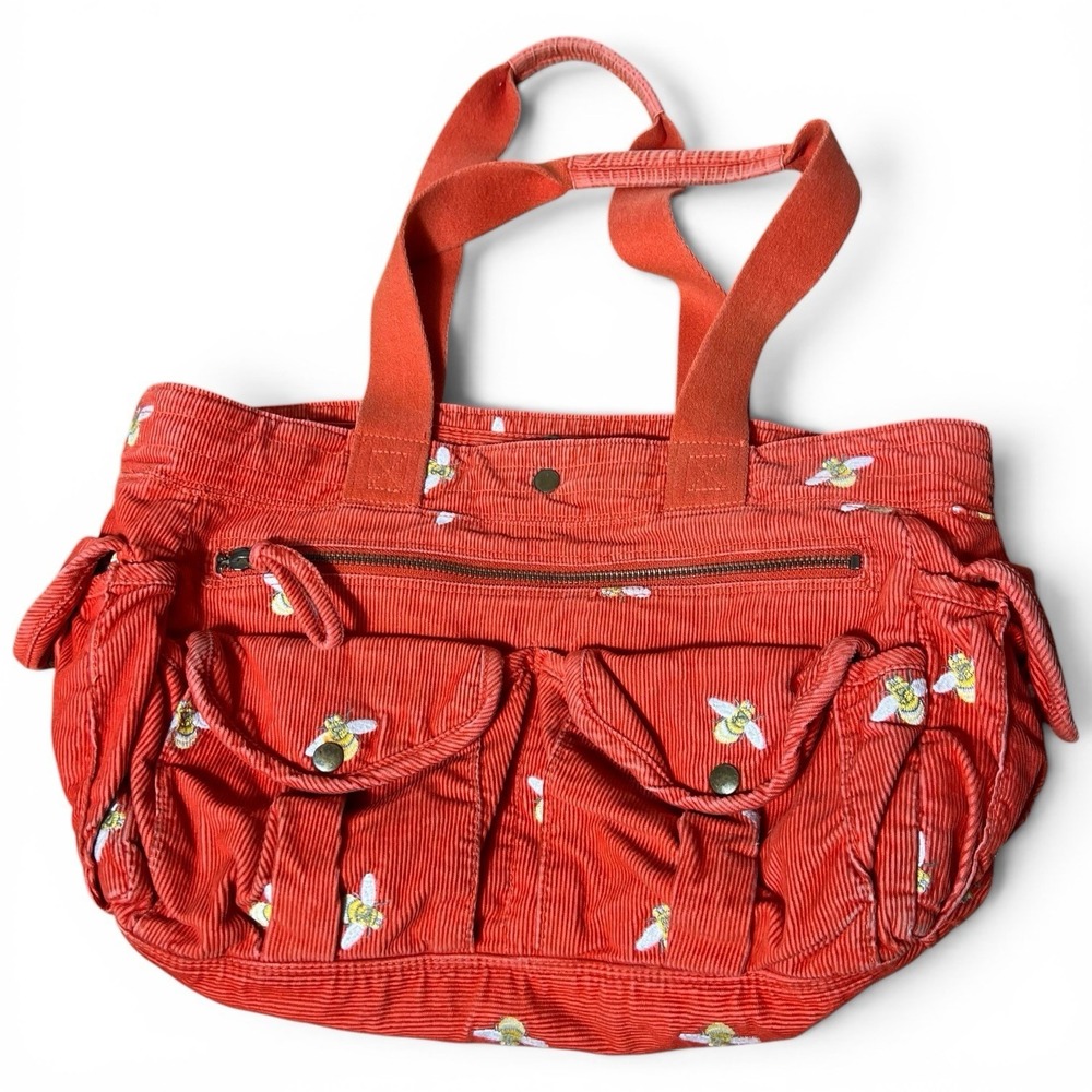 Vintage Red Corduroy J Crew Embroidered Purse "Bees" Shoulder Bag